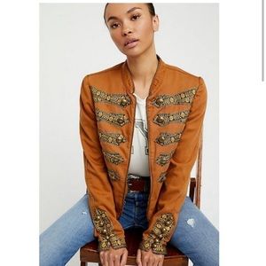 Free People Rust Burnt Orange Gold Military Embroidered Ribbon Jacket - Sz Small